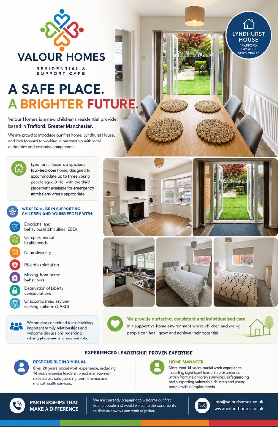Valour Homes flyer introducing Lyndhurst House, a four-bedroom children's home in Trafford, Greater Manchester. Click anywhere to email Valour Homes.